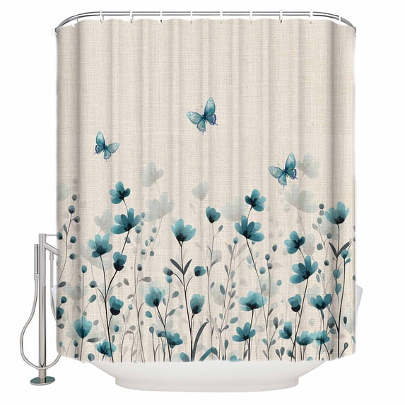 Turquoise Floral Butterfly Bathroom Shower Curtains with 12 Hooks Polyester Waterproof Shower Curtain for Stalls and Bathtubs Spring Rustic Botanical Beige Decorative Bathroom Curtain 36x72 Inches