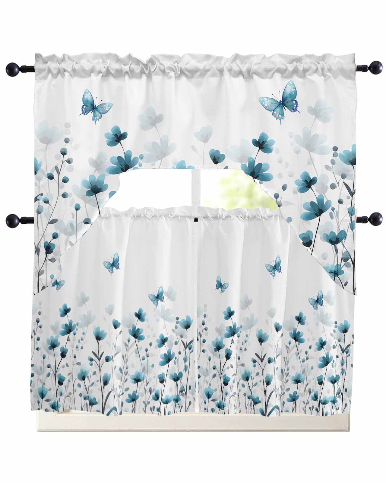 Turquoise Floral Butterfly Kitchen Curtains Swag Valance and Tier ...