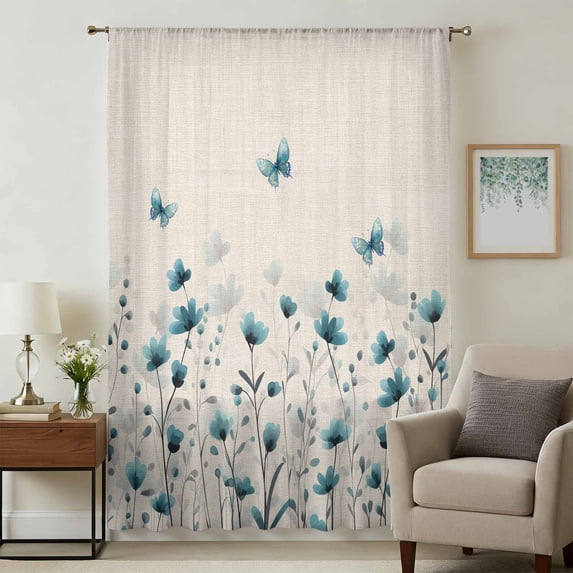 Turquoise Floral Butterfly Sheer Curtains 45 Inches Long, Spring Rustic Botanical Beige Light Filering Curtains, Breathable Simi Curtain Privacy Drapes for Kitchen Bathroom Small Window Treatment