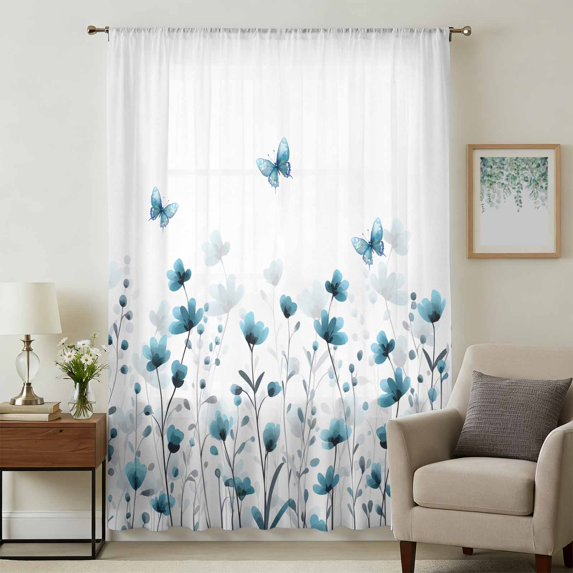 Turquoise Floral Butterfly Sheer Curtains 72 Inches Long, Spring Rustic Botanical Flowers Light Filering Curtains, Breathable Simi Curtain Privacy Drapes for Living Room Bedroom Window Treatment