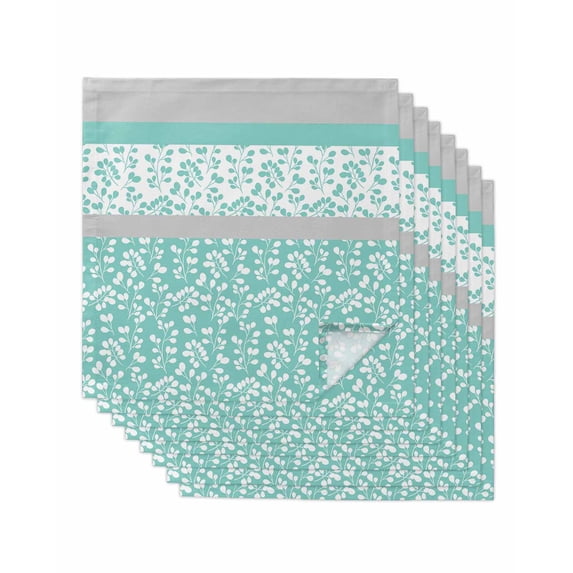 Turquoise Floral Cloth Napkins Set of 8 Reusable Dinner Napkins, Botanical Blossom Motif Boho Grey Stripes Cocktail Napkin Washable Table Napkins for Wedding/Holiday Party/Baby Shower 20"x20"