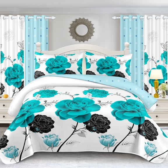 Turquoise Floral Comforter Set King, 3Pcs Bamboo Microfiber Bedding Set, Soft Breathable Flower Print Quilt Set for All Seasons