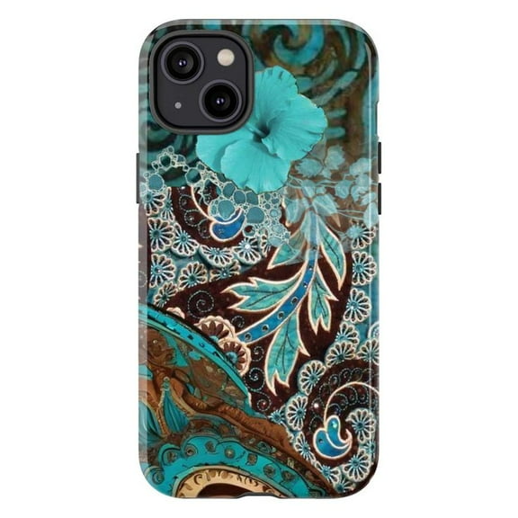 Turquoise Floral Paisley Phone Case, Elegant Vintage Botanical Pattern iPhone Cover, Artistic Protective Case for iPhone 17 16 15 14 13 12 11 Pro Max Plus Mini