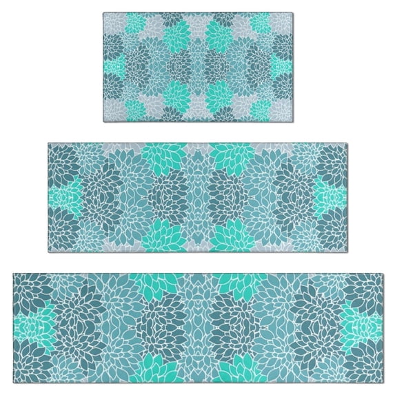Turquoise Floral and Petal Pattern Kitchen Rugs Sets Of 3,Kitchen Runner Rugs Non Skid Washable,Decorative Kitchen Floor Mats for Kitchen,Sink,Laundry,17"x30"+ 17"x47" + 17"x59"
