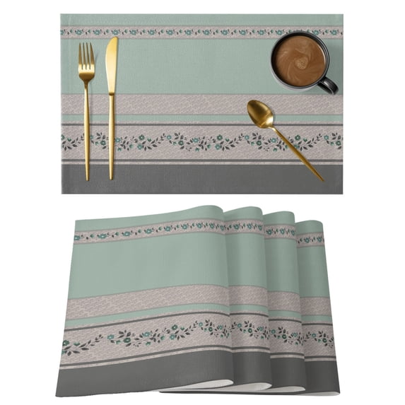 Turquoise Floral Placemats Set of 4 Modern Farmhouse Leaves Gray Striped Place Mats Indoor Wipeable Table Mats Washable Cloth Dining Table Placemats for Kitchen Holiday Party Home Decor 13x19 Inch