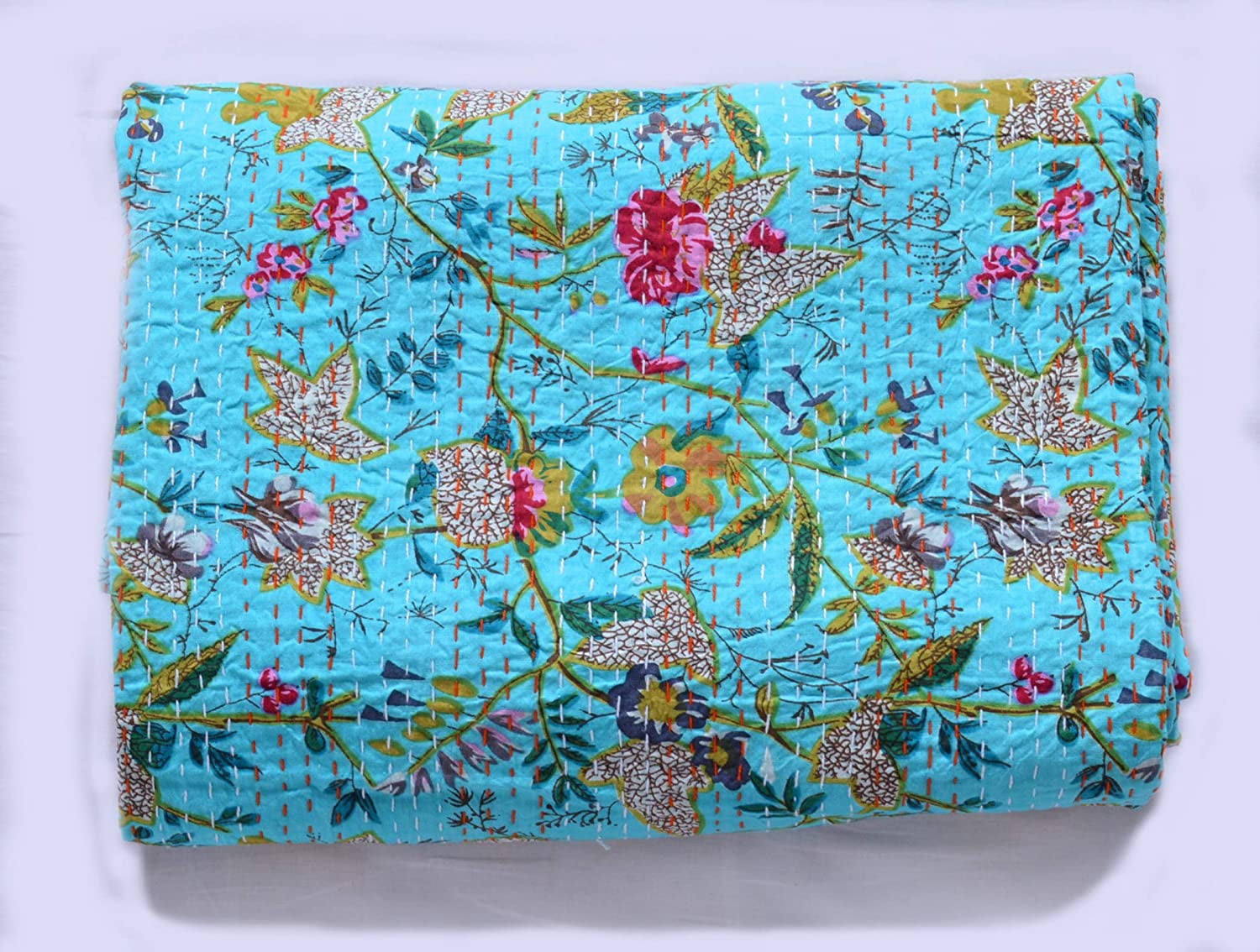 Turquoise Floral Print Kantha Quilt King Quilt Inidan Bedspread Kantha