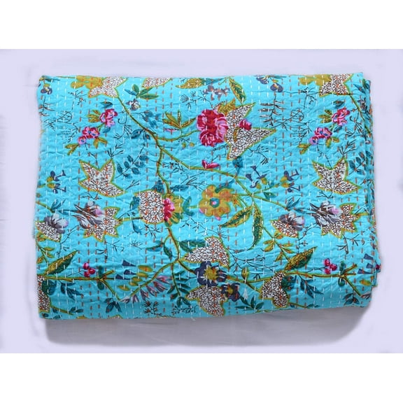 Turquoise Floral Print Kantha Quilt King Quilt Inidan Bedspread Kantha Blanket Indian Quilt Cotton Quilt Twin Kantha Bed Cover Queen Quilt
