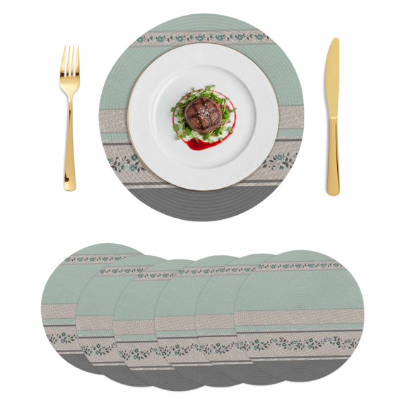 Turquoise Floral Round 15 Inch Placemats Set of 6, Modern Farmhouse Leaves Gray Striped HeatResistant Non Slip Place Mats for Dining Table, Wipeable Braided Kitchen Table Mats for Housewarming