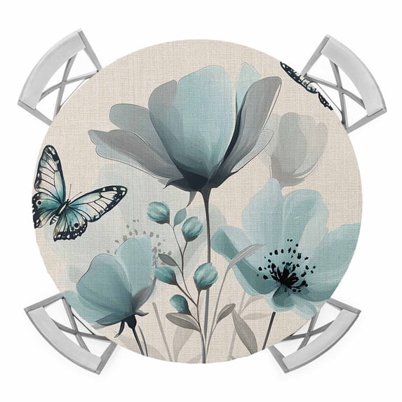 Turquoise Floral Round Fitted Tablecloth with Elastic Edge, Waterproof Table Cloth Table Cover for 36"-44" Tables, Spring Pastoral Flowers Butterfly Beige Tablecloths for Dining Picnic Indoor Outdoor