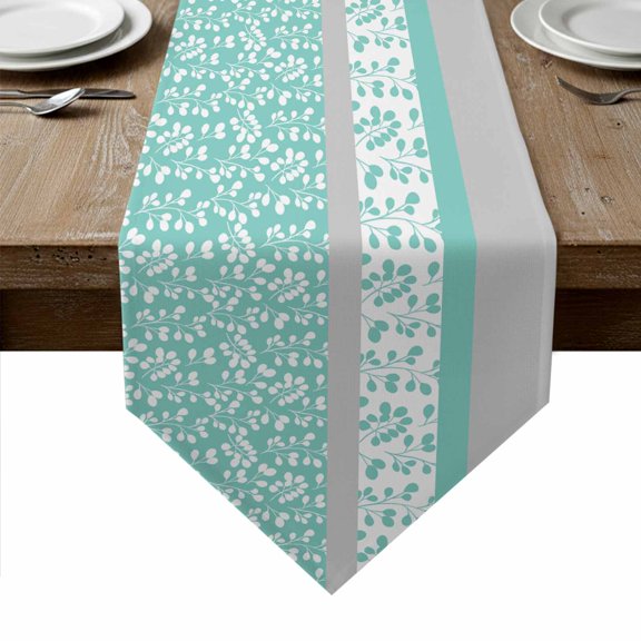 Turquoise Floral Table Runner Linen Burlap Table Runner 48 Inches Long Botanical Blossom Motif Boho Grey Stripes Dresser Scarves for Kitchen Island Coffee Dining Room Party Holiday Decoration 13"x48"