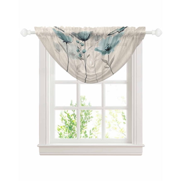 Turquoise Floral Waterfall Valances for Windows, Spring Pastoral Flowers Butterfly Beige Kitchen Sheer Valance Curtains, Rod Pocket Elegant Swag Valances for Living Room Bedroom, 47.2"x38.5", 1 Panel
