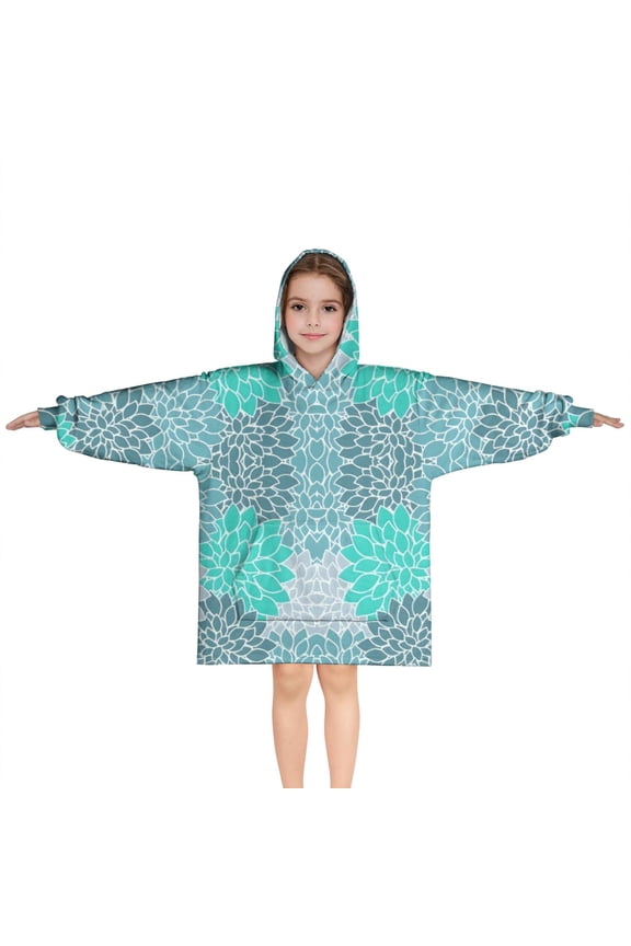Turquoise Floral and Petal Pattern Blanket Hoodies for Kids 6-13YR Oversize Wearable Blanket Hoodies for Boys Girls Teens