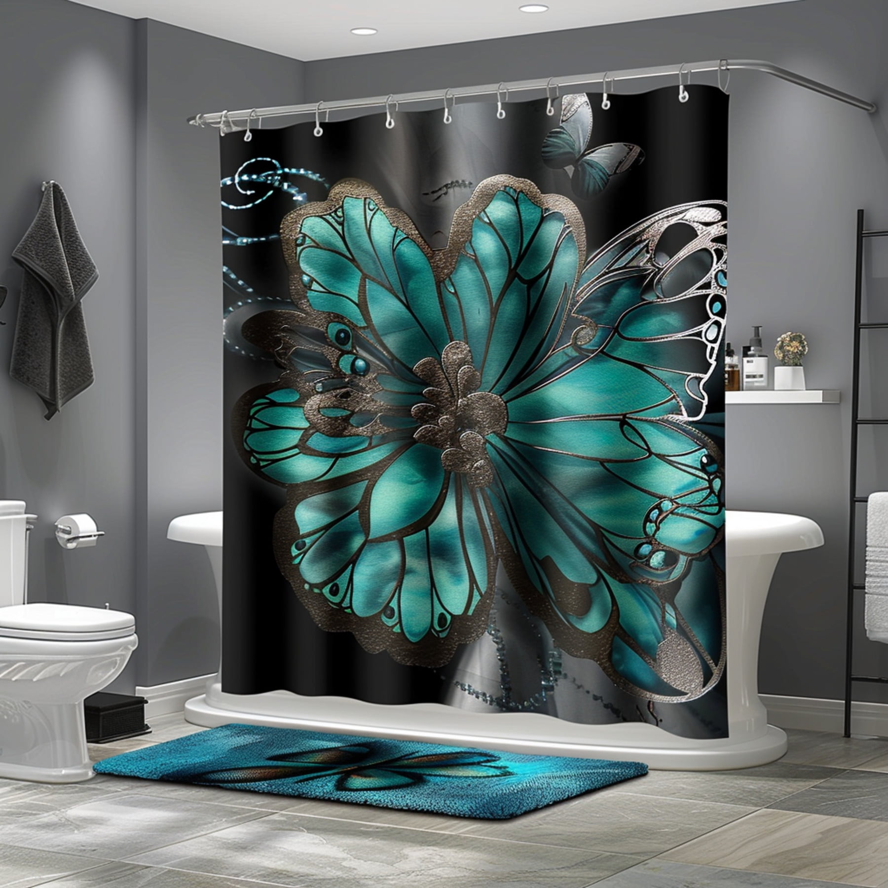 Turquoise Flower Butterfly Print Shower Curtain Set with Dark Gray