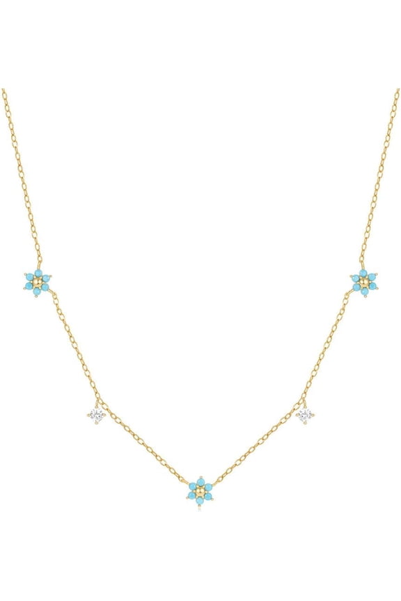 Turquoise Flower Choker Necklace for Women 925 Sterling Silver 14K Gold Plated Crystal CZ Charm Daisy Necklace Cute Birthday Anniversary Jewelry Gifts Adjustable Chain 18"