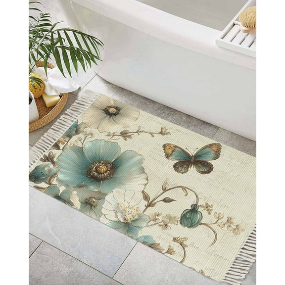 Turquoise Flowers Bath Rug 2x3ft Woven Bathroom Entryway Runner Rug,Vintage Farmhouse Spring Butterfly Washable Living Room Hallway Bedroom Kitchen Carpet with Tassels,Indoor Outdoor Throw Doormat