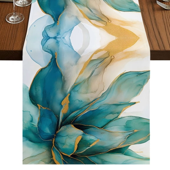 Turquoise Flowers Burlap Cotton Table Runner 18x72 Inches Long, Botanical Watercolor Plants Teal Farmhouse Table Runners, Outdoor Dining Tablecloths Decor for Baby Shower/Party/Wedding