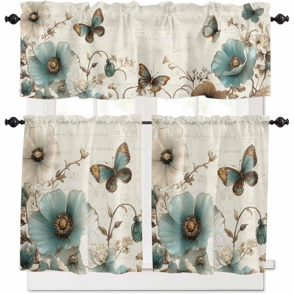 Turquoise Flowers Kitchen Curtains and Valances Set, Rod Pocket Farmhouse Botanical Florals Butterfly Tier Curtains 24 Inch Length, 3 Piece Rustic Short Cafe Drapes Vintage Window Treatments Set