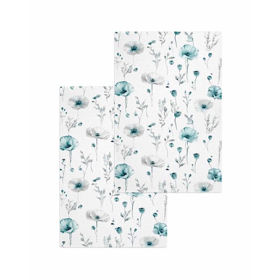 Turquoise Flowers Kitchen Dish Towels for Drying Dishes Set of 2, Farmhouse Spring Botanical Floral Waffle Weave Microfiber Terry Hand Tea Bathroom Towels Quick Dry & Absorbent Towel 15.7x23.6