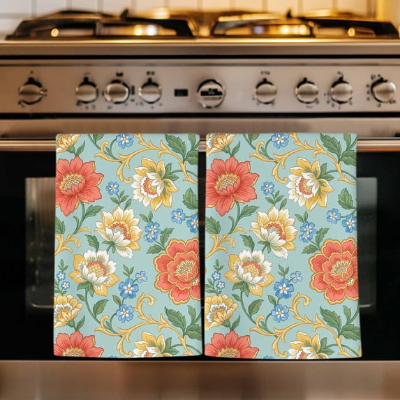 Turquoise Flowers Kitchen Towels Set of 1, Country Vintage Chic Flowers Vines Absorbent Dish Towels for Kitchen, Microfiber Hand Towel, Quick Drying Tea Towel for Cleaning Decorative Dishcloths