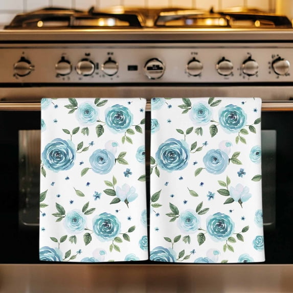 Turquoise Flowers Kitchen Towels Set of 1, Modern Botanical Floral Leaves Plants Absorbent Dish Towels for Kitchen, Microfiber Hand Towel, Quick Drying Tea Towel for Cleaning Decorative Dishcloths