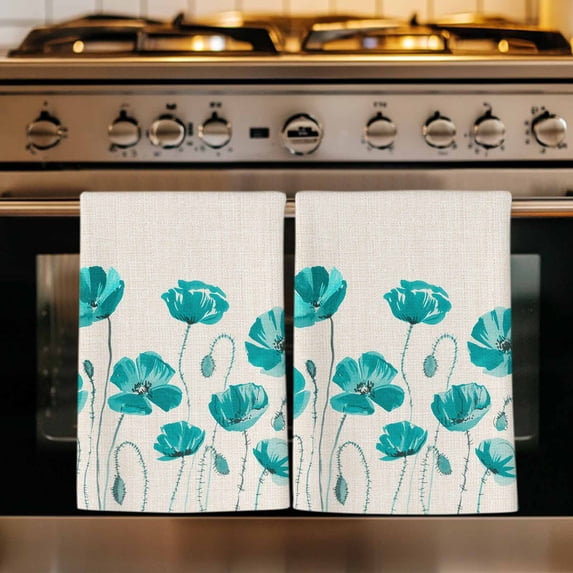 Turquoise Flowers Kitchen Towels Set of 3, Spring Retro Watercolor Botanical Floral Absorbent Dish Towels for Kitchen, Microfiber Hand Towel, Quick Drying Tea Towel for Cleaning Decorative Dishcloths