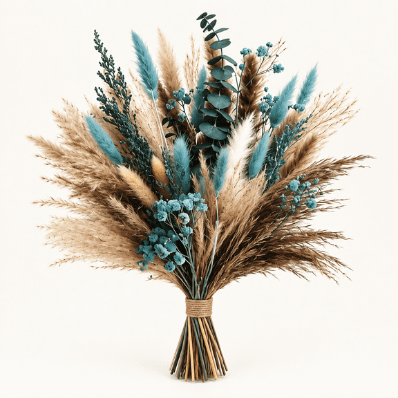 Turquoise Flowers Pampas Grass Bouquet, 17 Inch, Teal Blue, Natural Dried Flowers with Eucalyptus Stems, Bohemian Style, Floral Centerpiece for Living Room