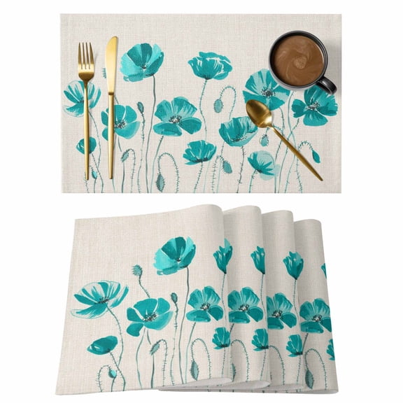 Turquoise Flowers Placemats Set of 8 Spring Retro Watercolor Botanical Floral Place Mats Indoor Wipeable Table Mats Washable Dining Table Placemats for Kitchen Holiday Party Home Decor 13x19 Inch