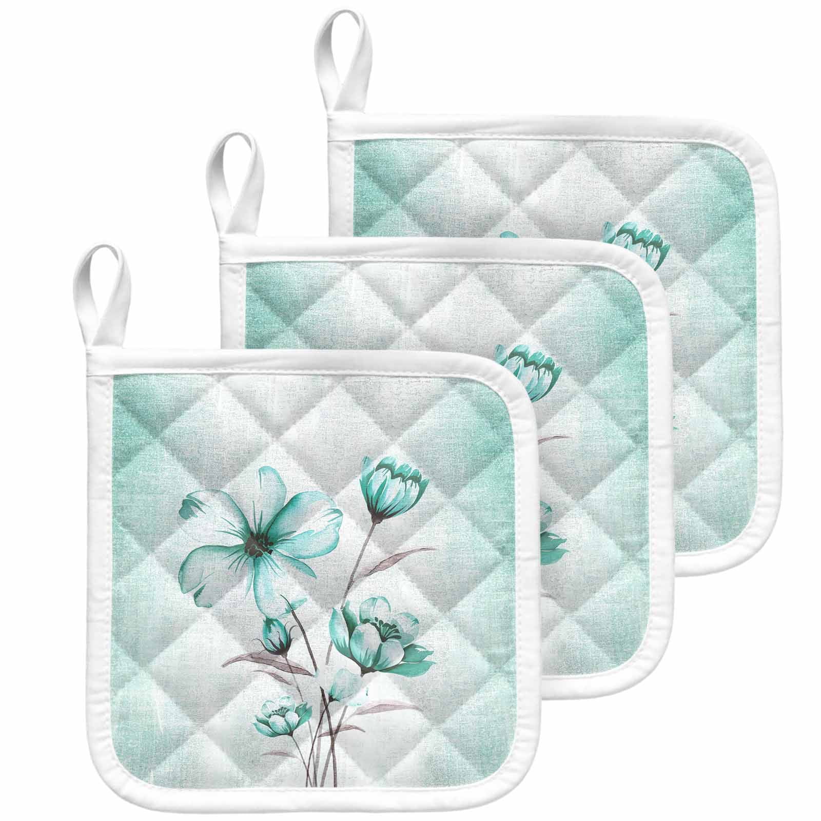 Turquoise Flowers Pot Holders for Kitchen Heatproof Potholder, 3 Pack Farmhouse Gradient Floral Plants Hot Pads Multipurpose Oven Pads Cloth Potholders Trivet for Cooking Baking