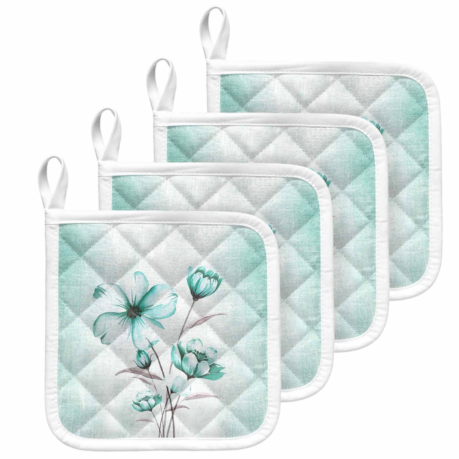 Turquoise Flowers Pot Holders for Kitchen Heatproof Potholder, 4 Pack Farmhouse Gradient Floral Plants Hot Pads Multipurpose Oven Pads Cloth Potholders Trivet for Cooking and Baking