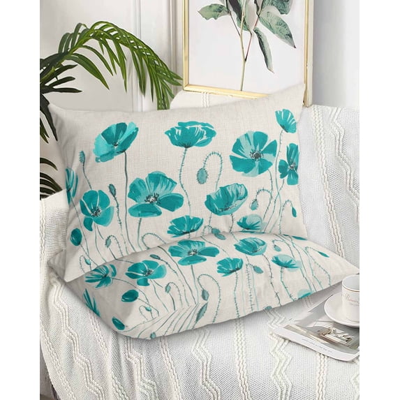 Turquoise Flowers Queen Pillow Cases Set of 2 - Microfiber Bed Throw Pillow Covers, Spring Retro Watercolor Botanical Floral Decorative Lumbar Pillow Cover with Envelope Closure for Sofa 20"x30"