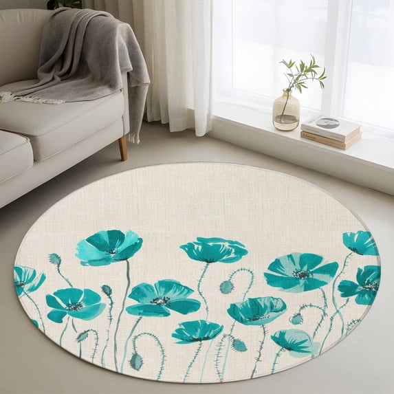Turquoise Flowers Round Area Rug 3.3Ft Washable Circle Rugs for Dining Room Table, Spring Retro Watercolor Botanical Floral Non-Slip Carpet Floor Mats Indoor Outdoor Carpet Runner Home Decor