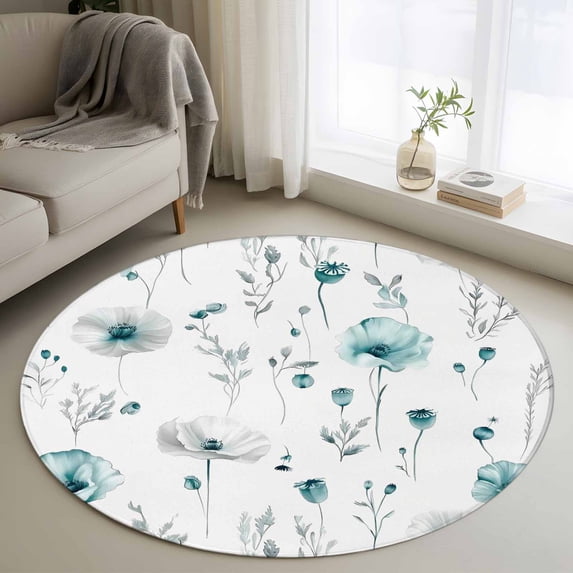 Turquoise Flowers Round Area Rug 4 FT, Non Slip Indoor Outdoor Rug, Farmhouse Spring Botanical Floral Washable Soft Circular Carpet Non-Shedding Floor Mat for Coffee Table Nursery Foyer Balcony