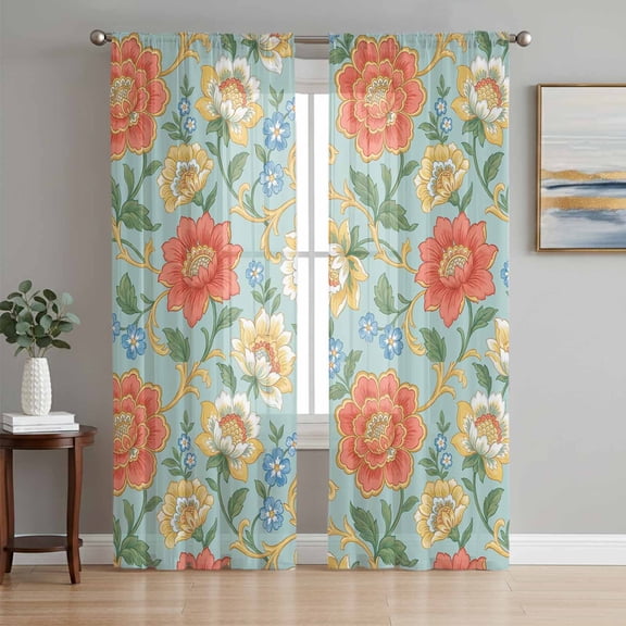 Turquoise Flowers Sheer Curtains 63 Inch Length 2 Panels Set, Country Vintage Chic Flowers Vines Voile Window Treatment Rod Pocket Curtains Sheers Drapes for Bedroom/Living Room/Kitchen 52x"63"x2
