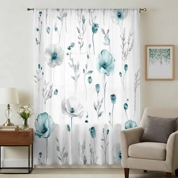 Turquoise Flowers Sheer Curtains 63 Inches Long, Farmhouse Spring Botanical Floral Light Filering Curtains, Breathable Simi Curtain Privacy Drapes for Living Room Bedroom Lightweight Window Treatment