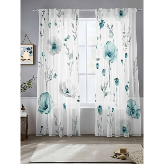 Turquoise Flowers Sheer Curtains for Living Room Bedroom Farmhouse Spring Botanical Floral Sheer Curtains 96 Inch Long 2 Panels Set Light Filtering Curtain Window Treatments Drapes for Dining Room
