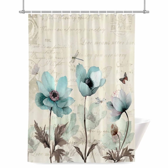 Turquoise Flowers Shower Curtain, Butterfly Dragonfly Watercolor Vintage Letter Waterproof Shower Curtain Set with 12 Hooks Lightweight Bath Curtains Fabric Bathroom Decor 72x78 Inches