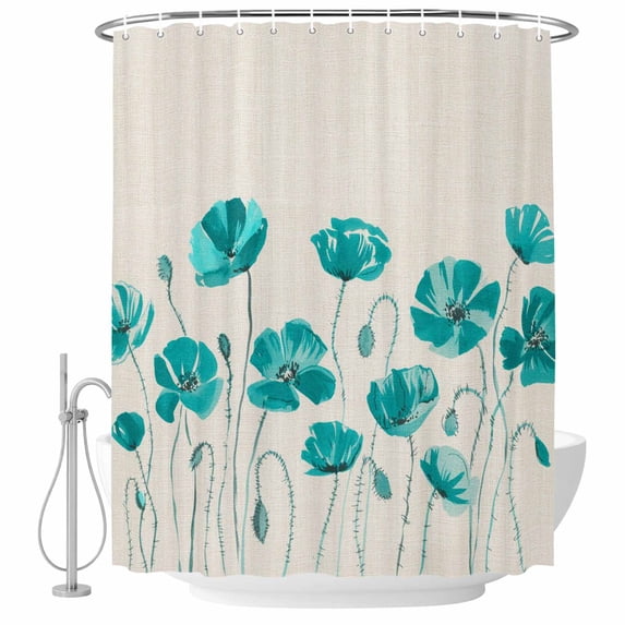 Turquoise Flowers Shower Curtain Set - Extra Long 72" x 96" Washable Bathtub Curtain with 12 Hooks, Spring Retro Watercolor Botanical Floral Waterproof Fabric Shower Curtains for Bathroom Décor