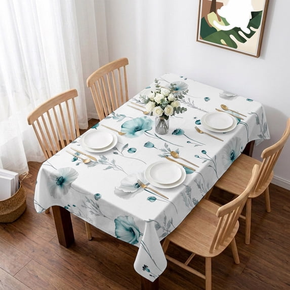 Turquoise Flowers Table Cloth Waterproof Tablecloths, Farmhouse Spring Botanical Floral Tablecloth Dining Table Cover for Kitchen Party Tabletop Outdoor, Rectangle Tablecloth 60x102 Inch