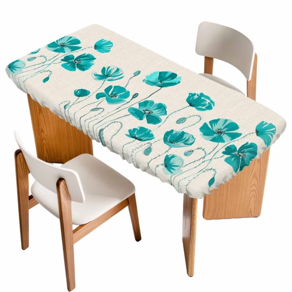 Turquoise Flowers Table Cloths for 3 Foot Rectangle Tables, Spring Retro Watercolor Botanical Floral Patio Waterproof Elastic Fitted Tablecloths, Washable Rectangular Table Cover for Camping