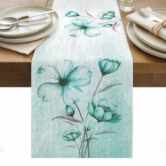 Turquoise Flowers Table Runner - 108 Inch Long, Kitchen Dining Table Runner Dresser Scarves, Farmhouse Gradient Floral Plants Farmhouse Decor for Coffee Tables Wedding Party Banquet