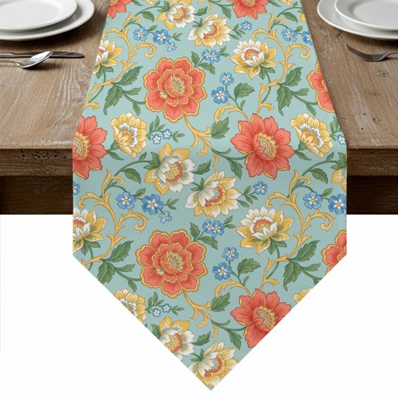 Turquoise Flowers Table Runner Linen Burlap Table Runner 36 Inches Small Country Vintage Chic Flowers Vines Dresser Scarves for Kitchen Island Coffee Dining Room Party Wedding Holiday Decor 13"x36"