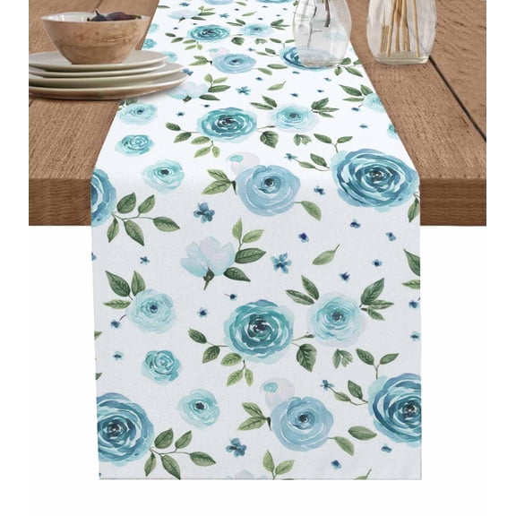 Turquoise Flowers Table Runner Modern Botanical Floral Leaves Plants Tablerunners 13 x 60 Inch, Table Decorations Tabletop Scarf for Summer Gathering Holiday Farmhouse Kitchen Dining Decor