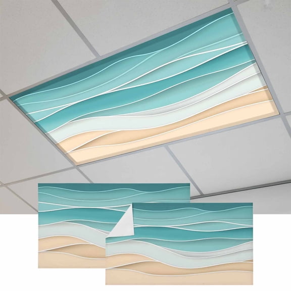 Turquoise Fluorescent Light Covers, Ocean Wave Stripes Modern Abstract Beach Magnetic Light Covers for Ceiling Lights, Fluorescent Ceiling Shade Filters for Classroom Bedroom Office 4x2Ft x 2PCS