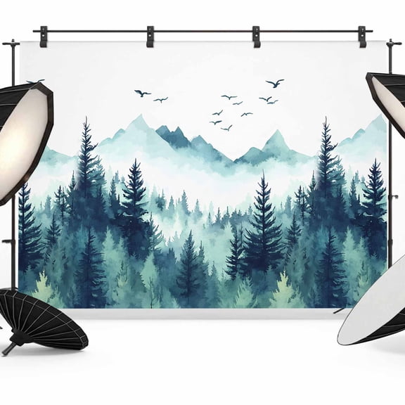 Turquoise Forest Backdrop for Photography,Fabric Photo Background Backdrop,Mountains Birds Fog Tree Scenery Photo Booth Background for Portrait Photoshoot Video Wedding Studio Decoration Banner 7x5ft