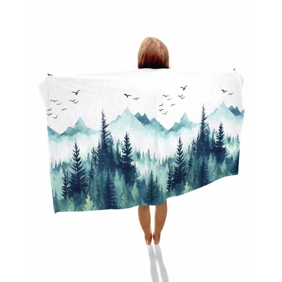 Turquoise Forest Beach Towels Oversized Super Absorbent, Mountains Birds Fog Tree Scenery Lightweight Bath Towel Quick Dry Sets For Bathroom/Pool/Rv Camping/Beach Play/Gym Room/Picnic 30"x60"