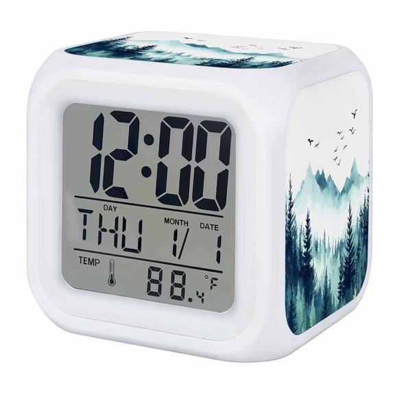 Turquoise Forest Digital Alarm Clock for Bedrooms, Smart LED Alarm Clock with 7 Color Changing Night Light, Mountains Birds Fog Tree Scenery Silent Wake Up Clocks for Sleep Study Cooking 3.2"x3.2"