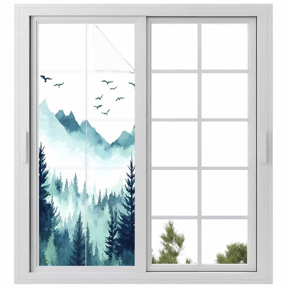 Turquoise Forest Privacy Window Film, Decorative Frosted Glass Window Film, Mountains Birds Fog Tree Scenery Reusable Peel and Stick Static Cling for Home Bathroom Office Glass Door 23.6"x59"