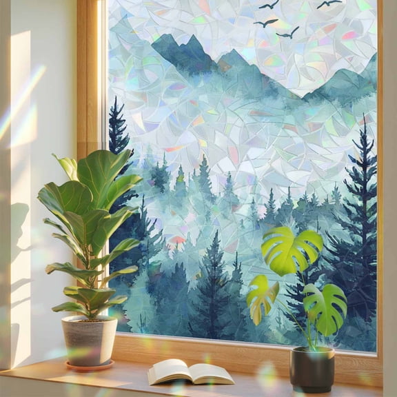 Turquoise Forest Privacy Window Film, Decorative Stained Glass Window Film, Mountains Birds Fog Tree Scenery Resuable Rainbow Static Cling for Home Bathroom Living Room Glass Door 17.7"x39.3"