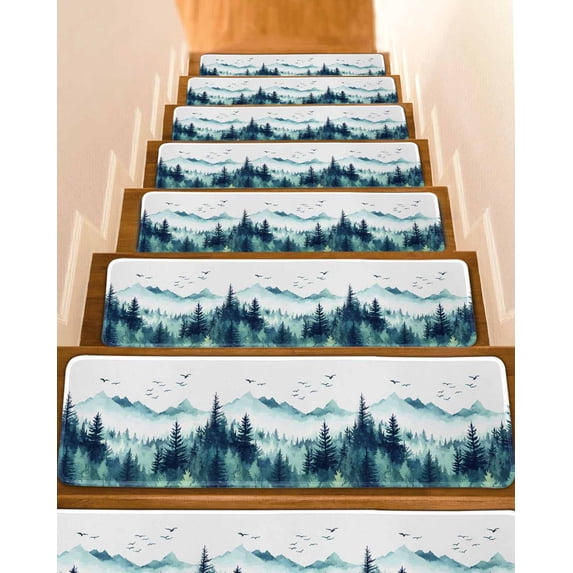 Turquoise Forest Stair Treads for Wooden Steps Indoor Runner Rug Carpet, Mountains Birds Fog Tree Scenery 4 Pieces Peel and Stick Staircase Step Treads Covers Washable Throw Door Mats, 30"x8"