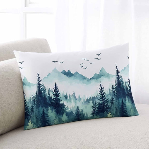 Turquoise Forest Throw Pillow Covers, Mountains Birds Fog Tree Scenery Soft Breathable Pillow Cases with Invisible Zipper for Sleeping, Small Pillowcases for Couch Bed Sofa Chair 16x24 Inches
